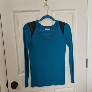 Bisou Bisou Teal Long Sleeve Sweater with Black Faux Leather Accents
